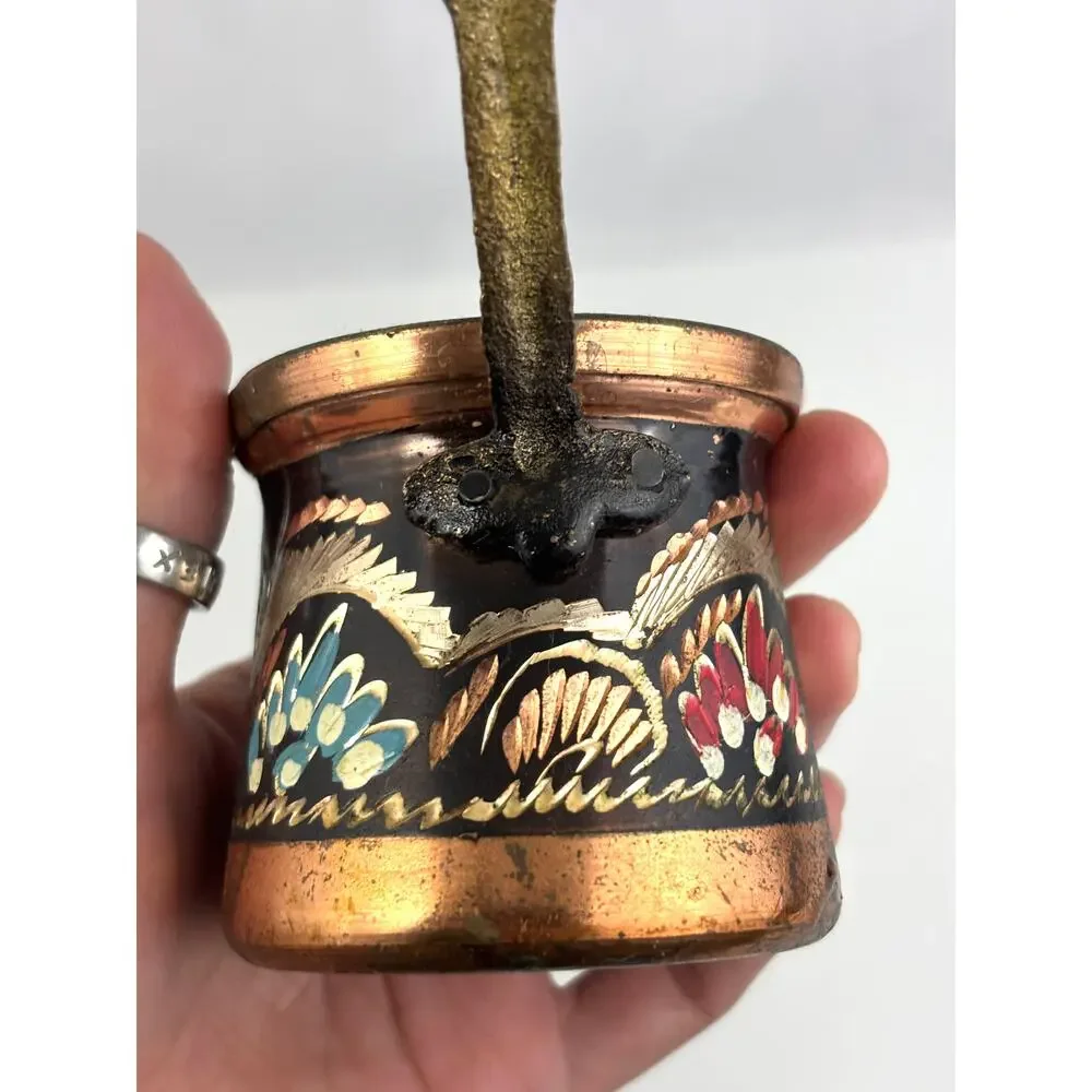 Vintage Turkish Hand Painted Copper Coffee Pot Kettle Decor Cezve Wooden Handle‎